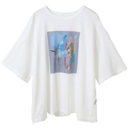 kanako SasakiコラボプリントTシャツ レディース フィットネス ヨガ シャツ ホワイト×ブルー(02) B1953JUB018