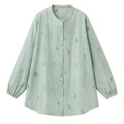 コットン花柄刺しゅうブラウス ロング丈 ブルーグリーン M-L