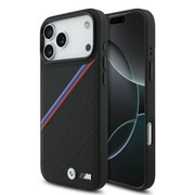 iPhone 17 Pro Max用 BMW マグセーフ対応ケース バックカバー トリコロールスラントストライプとメタルロゴ 高級感あるデザイン ブラック BMHMP17X25PCSPEK
