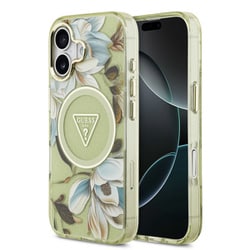 iPhone 17用 GUESS マグセーフ対応IMLケース バックカバー グリッターフラワー＆トライアングル デザイン メタルカメラフレーム＆ボタン付き グリーン GUHMP17SHFLPEDN