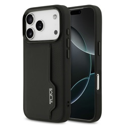 iPhone 17 Pro用 TUMI 背面ケース 本革 バックカバー フチ高設計 縦型カードスロット付カード1枚収納可能 ブラック TUHCP17LRCPK