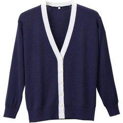 抗ピル配色カーディガン 濃紺×ホワイト Mサイズ D-1013