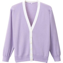 抗ピル配色カーディガン パープル×ホワイト Mサイズ D-1013