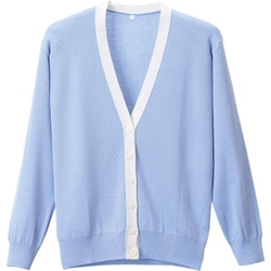 抗ピル配色カーディガン サックス×ホワイト Lサイズ D-1013