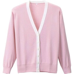 抗ピル配色カーディガン ピンク×ホワイト Lサイズ D-1013