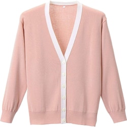 抗ピル配色カーディガン ピーチピンク×ホワイト LLサイズ D-1013