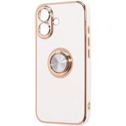 iPhone 16 用 ソフトケース 精密設計 フレームメッキ リング付き ホワイト/ゴールド RT-P46TRE/WG