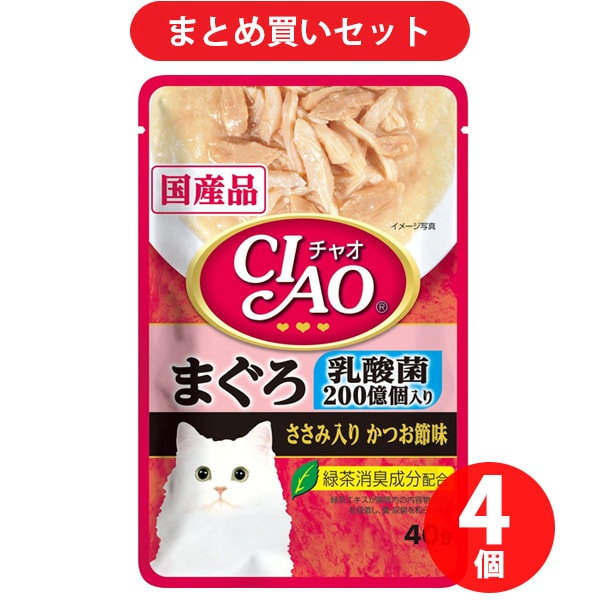 いなばペットフード チャオパウチ 乳酸菌入り まぐろささみ入り かつお節味 40g キャットフード 4個セット
