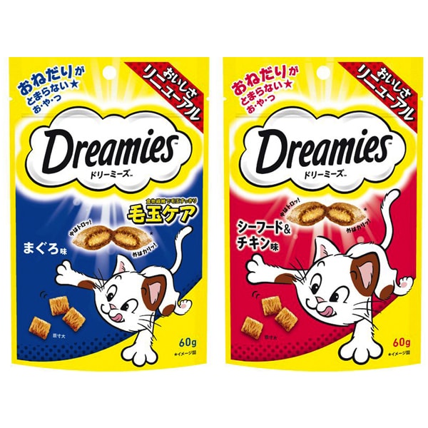 【まとめ買い割引】「ドリーミーズ 毛玉ケア まぐろ味 60g [猫用おやつ]」＋「DRE3 [ドリーミーズ シーフードチキン 60g]」セット