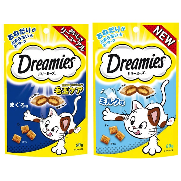 【まとめ買い割引】「ドリーミーズ 毛玉ケア まぐろ味 60g [猫用おやつ]」＋「ドリーミーズ ミルク味 60g」セット