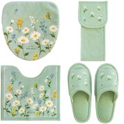 【まとめ買い割引】「フルールブラン トイレマット 約55×60cm グリーン」+「フルールブラン ペーパーホルダーカバー グリーン」+「フルールブラン スリッパ グリーン」+「フルールブラン トイレフタカバー ドレニモタイプ グリーン」セット