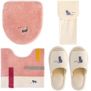 【まとめ買い割引】「Mignon ドレニモフタカバー ピンク」+「Mignon トイレマット 約縦55cm×横60cm ピンク」+「Mignon ホルダーカバー アイボリー」+「Mignon スリッパ 約23cm~25cm アイボリー」セット