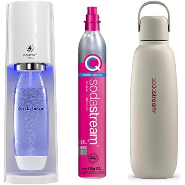 【まとめ買い割引】ソーダストリーム 炭酸水メーカー ＋ ガスシリンダー ＋ 炭酸飲料対応ステンレスボトルセット [E-TERRA（E-テラ） スターターキット ホワイト SSM1098 ＋ SSG9101 ＋ SSB0090]